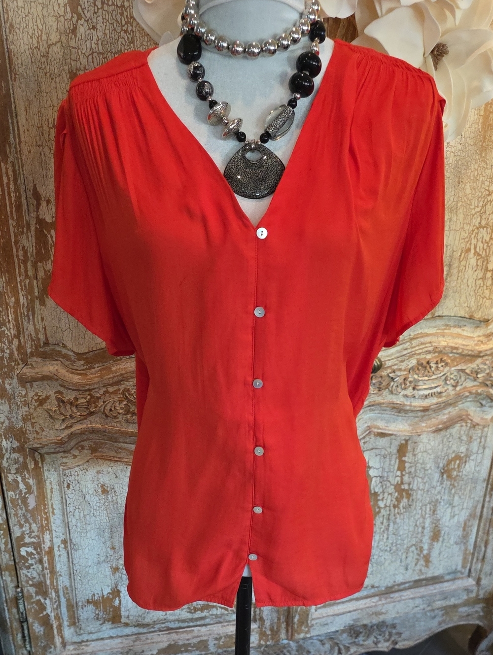 Women’s Red Button-Front V-Neck Blouse with Short Sleeves